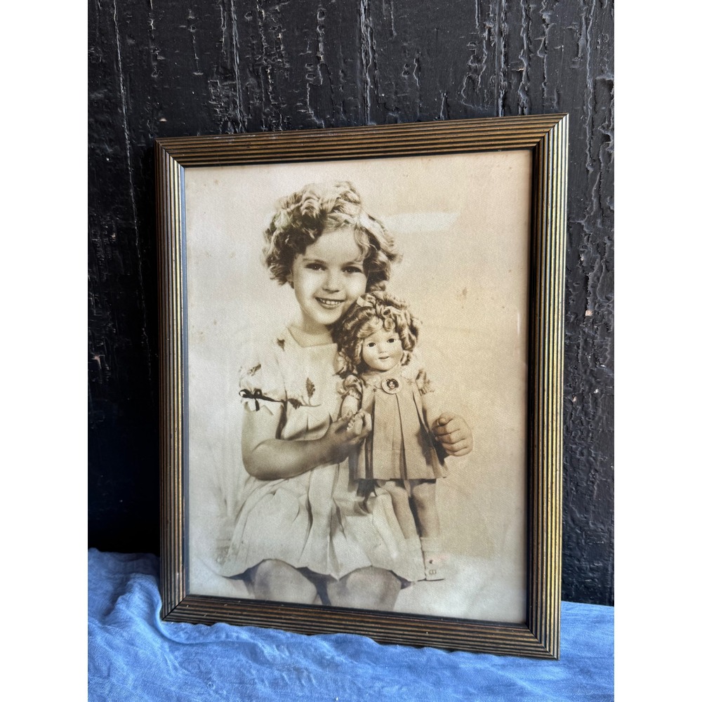 Vintage Shirley Temple Portrait Photo with Doll Gold Toned Frame 8.5x11